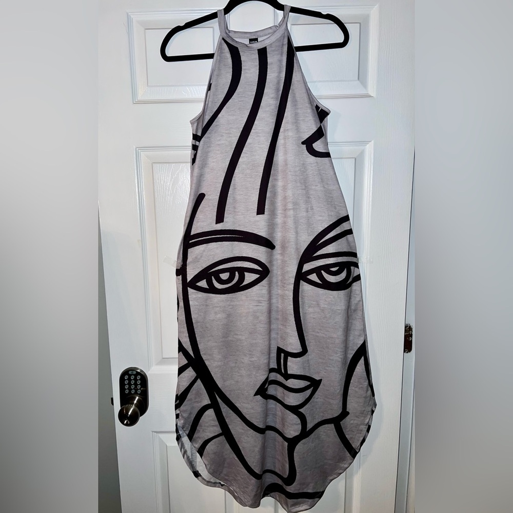 Abstract Face Print Gray Maxi Dress - Picture 2 of 4